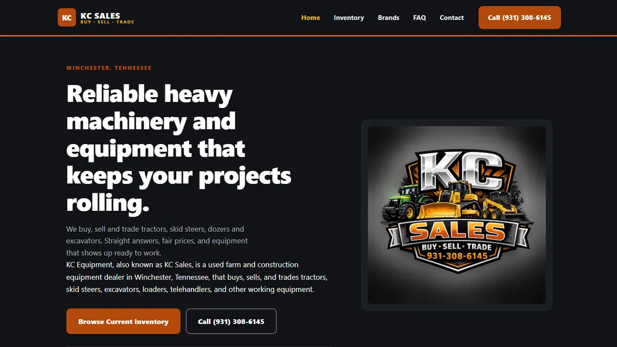 KC Equipment homepage: heavy condensed white type reading Reliable heavy machinery and equipment that keeps your projects rolling, on a near black background beside the KC Sales badge logo.