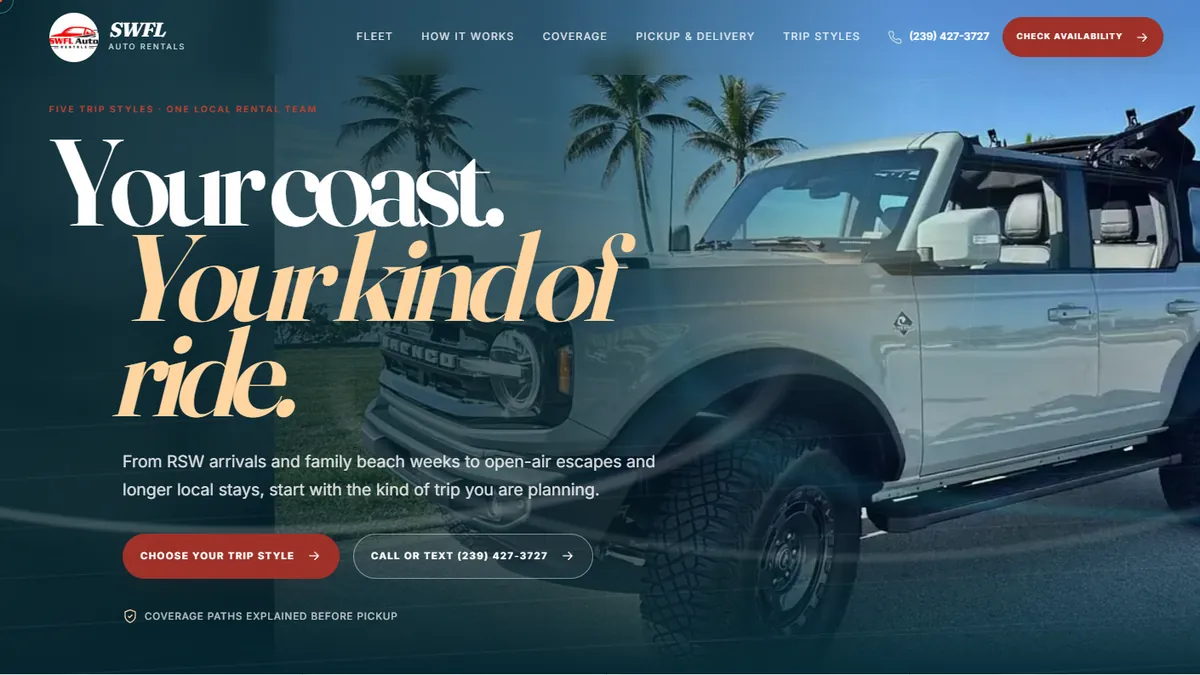 SWFL Auto Rentals homepage: a serif display headline reading Your coast, your kind of ride, set over a full width photograph of a Bronco parked under palms.