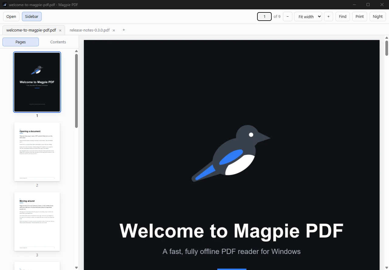 Magpie PDF with its welcome document open: a contents sidebar on the left listing seven sections, and the cover page showing the magpie logo above the title.