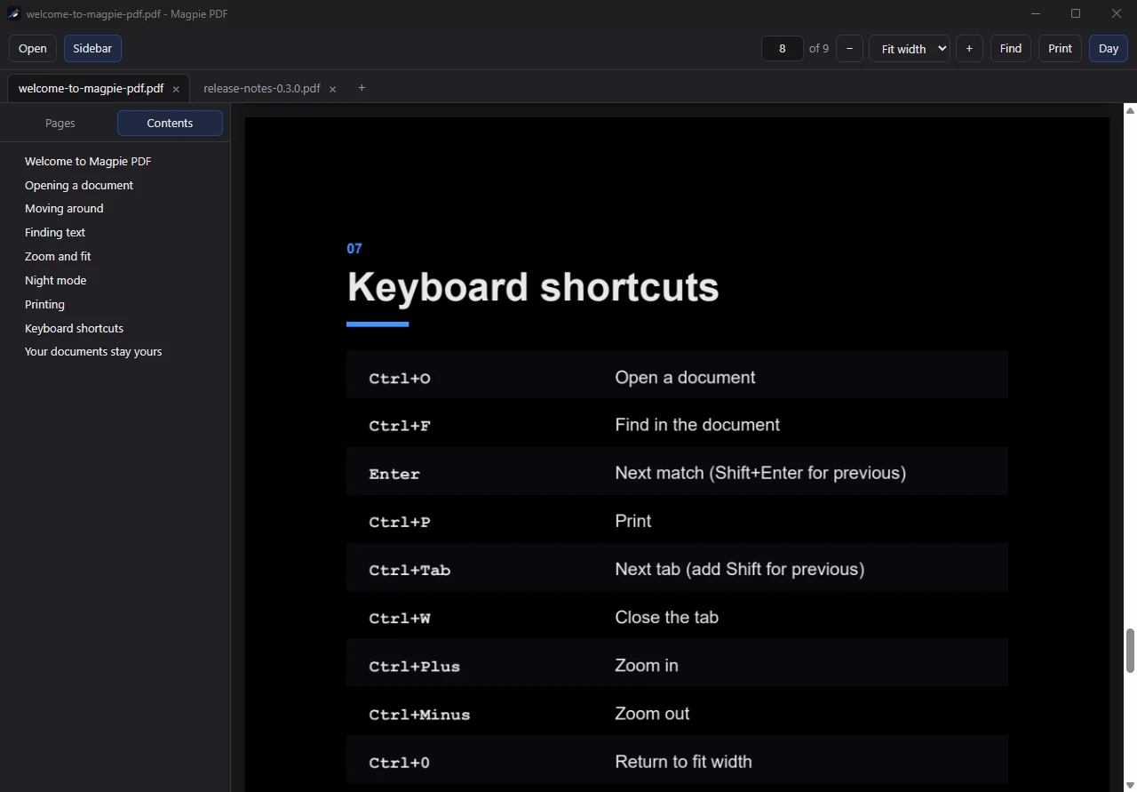Magpie PDF in night mode: the same document shown as light text on a black page, open to a table of keyboard shortcuts.